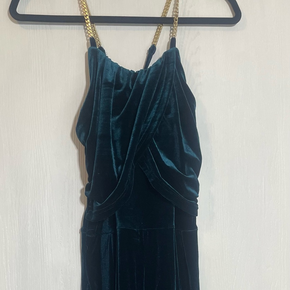 Cider‎ Emerald Green Velvet jumpsuit with Gold Chain Straps